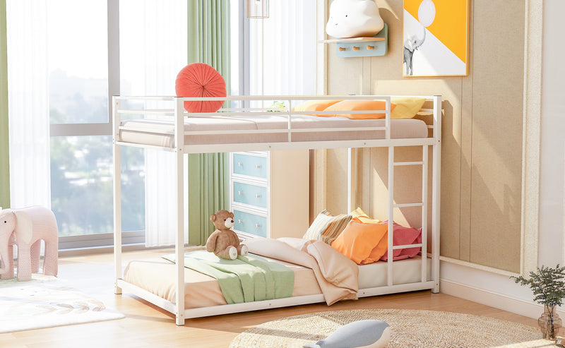 Twin over Twin Metal Bunk Bed, Low Bunk Bed with Ladder,White(OLD SKU:MF197033AAK)