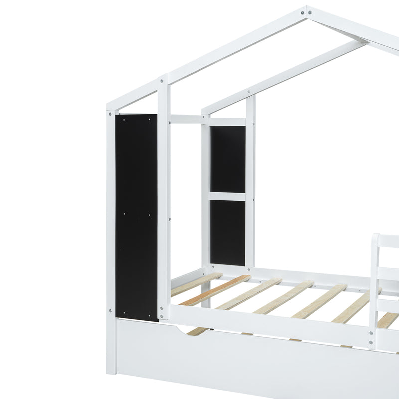 Twin Size Wood House Bed with Fence and Writing Board, White