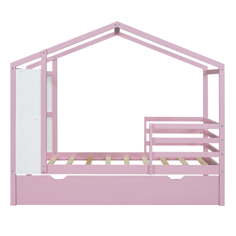 Twin Size Wood House Bed with Fence and Writing Board,Pink