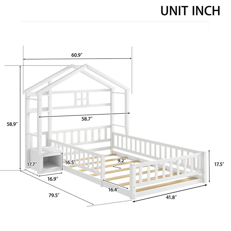 House-Style Headboard Floor Bed With Fence Guardrails Without Cushion