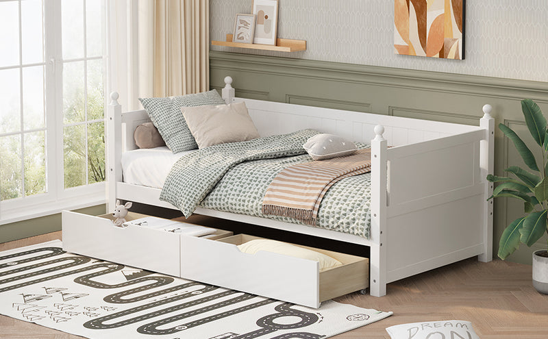 Twin Size Solid Wood Daybed with 2 drawers for Limited Space Kids, Teens, Adults, No Need Box Spring, White