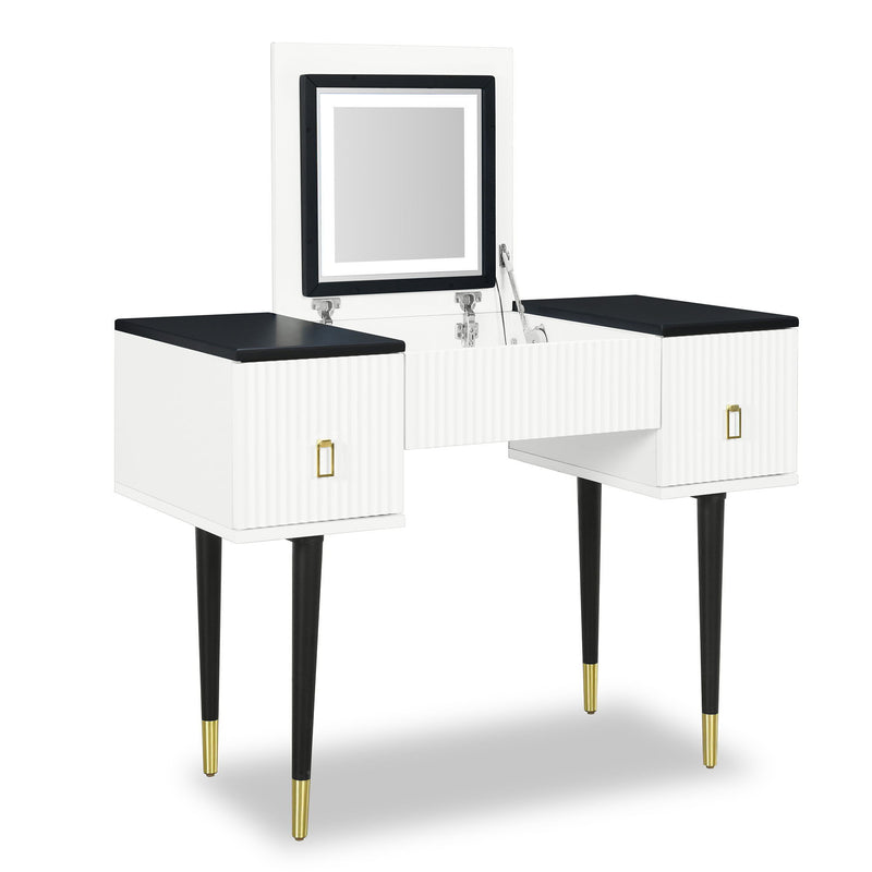 Modern Vanity Table Set With Flip-Top Mirror And Led Light, Dressing Table With Customizable Storage - White / Black