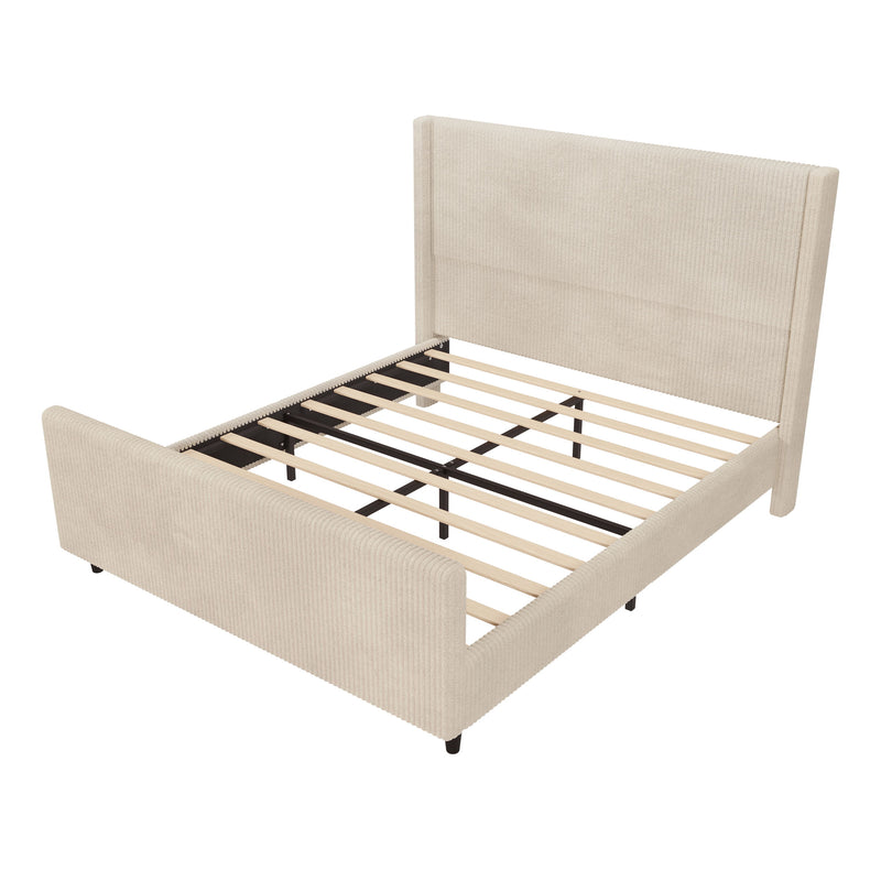 Corduroy Upholstered Bed Frame With Vertical Stripe Wingback And High Footboard No Box Spring Needed