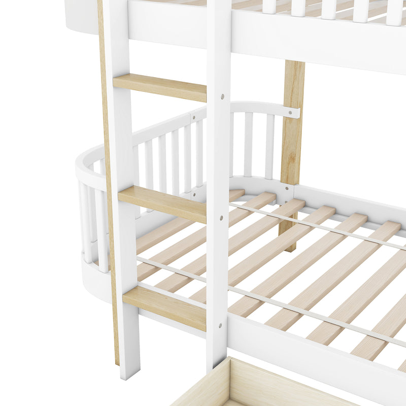 Wood Twin over Twin Bunk Bed with Fence Guardrail and a Big Drawer, White