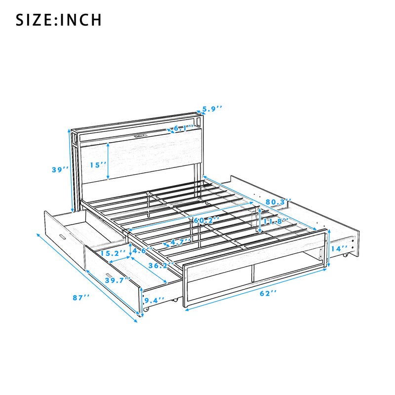 Queen Size Metal Platform Bed Frame with Four Drawers,Sockets and USB Ports ,Slat Support No Box Spring Needed Black