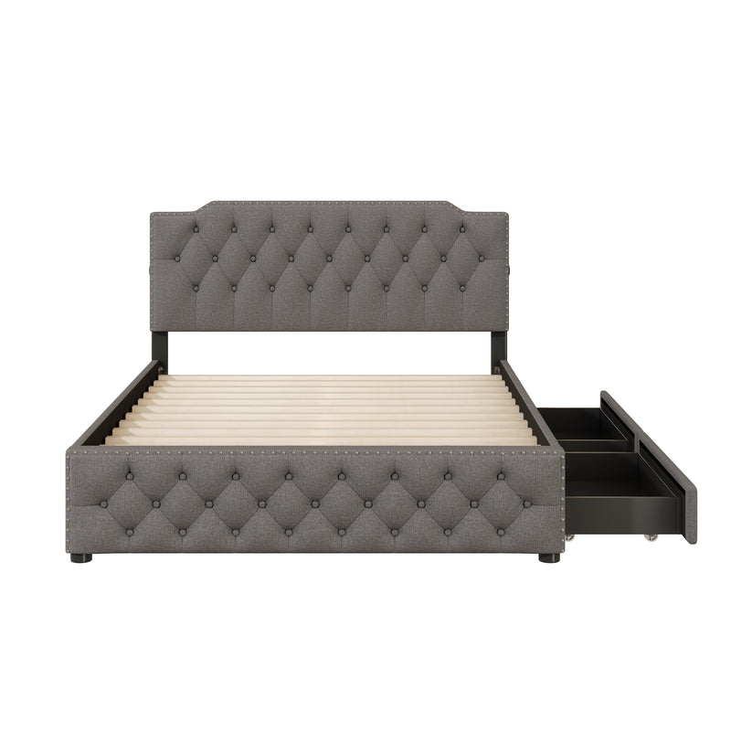 Queen Size Upholstered Platform Bed with 2 Drawers and 2 sets of USB Ports on each side, Linen Fabric, Gray