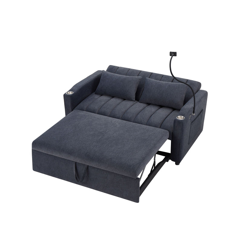 Convertible Sofa Bed Loveseat Sofa With Three USB Ports, Two Side Pockets, Two Cup Holders And 360° swivel Phone Holder For Living Room