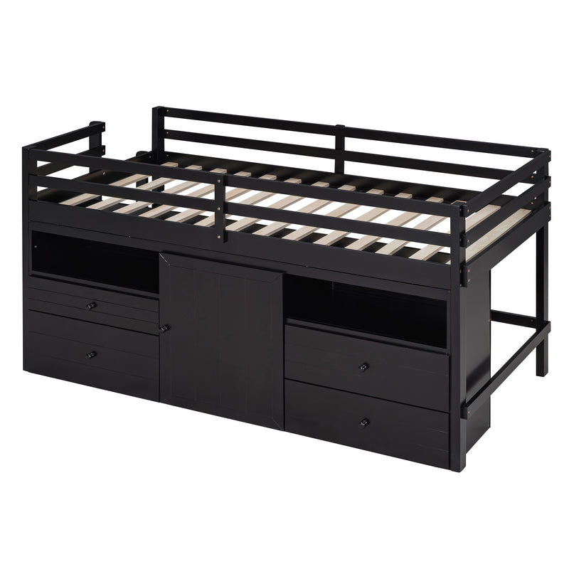 Twin Size Loft Bed with 4 Drawers, Underneath Cabinet and Shelves, Espresso