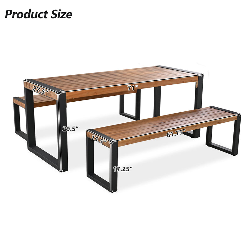 3 Pieces Outdoor Dining Table With 2 Benches, Patio Dining Set With Unique Top Texture, Acacia Wood Top & Steel Frame, All Weather Use, For Outdoor & Indoor - Natural