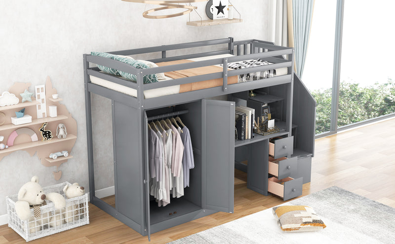 Twin Size Loft Bed with Wardrobe and Staircase, Desk and Storage Drawers and Cabinet in 1,Gray