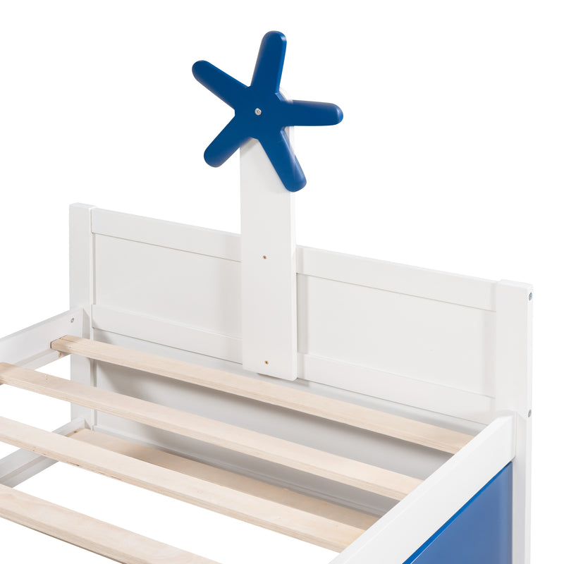 3-Pieces Bedroom Sets,Twin Size Boat-Shaped Platform Bed with  Trundle and Two Nightstands,White+Blue