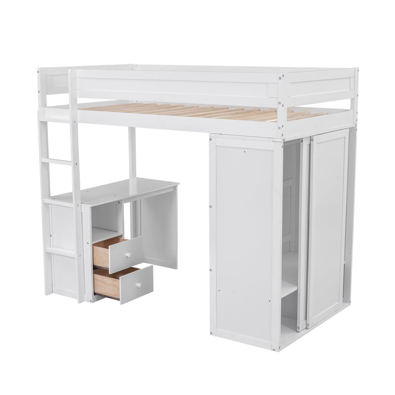 Wood Twin Size Loft Bed with Wardrobes and 2-Drawer Desk with Cabinet, White