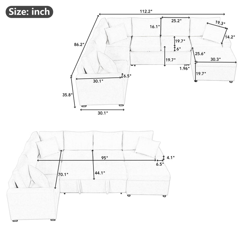 Sectional Sofa Pull-Out Sofa Bed Sleeper With A Storage Ottoman, Three Pillows And Charging Devices For Living Room