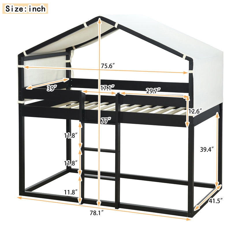 Twin Over Twin Bunk Bed Wood Bed with Tent, Espresso