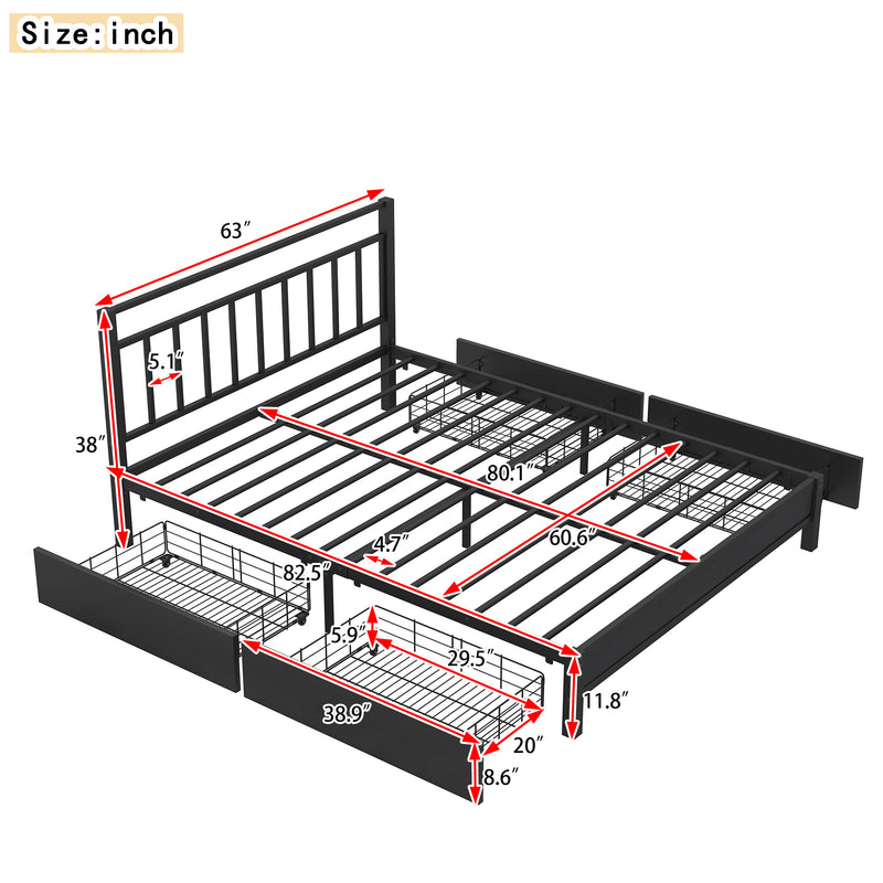 Queen Size Storage Platform Bed with 4 Drawers, Black