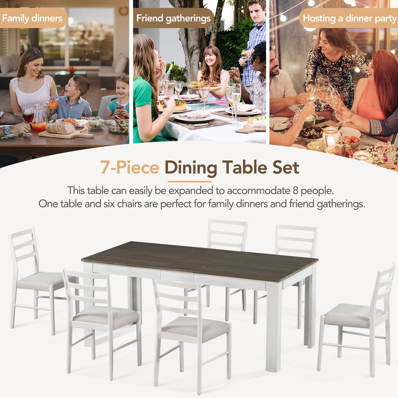 Wooden Dining Table Set Mutifunctional Extendable Table With Leaf And 2 Drawers, Dining Chairs With Soft Cushion