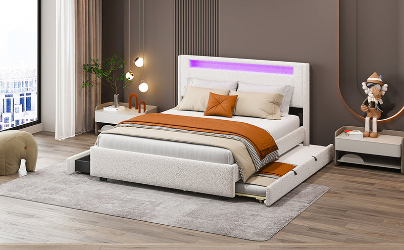 Queen Size Upholstered Platform Bed with LED Frame, with Twin  XL Size Trundle and 2 drawers, Teddy Fleece, White