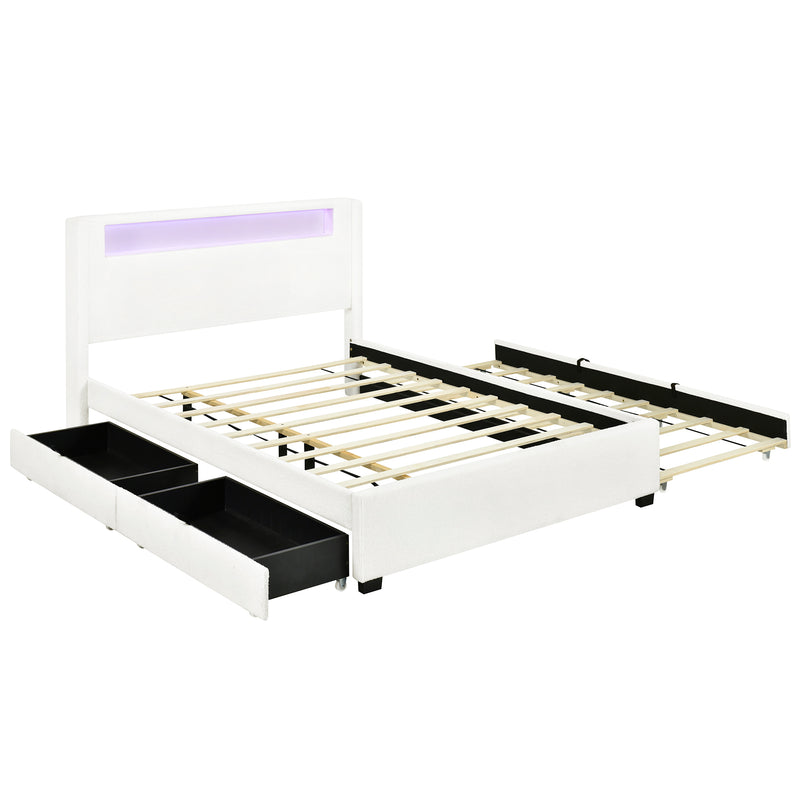 Queen Size Upholstered Platform Bed with LED Frame, with Twin  XL Size Trundle and 2 drawers, Teddy Fleece, White