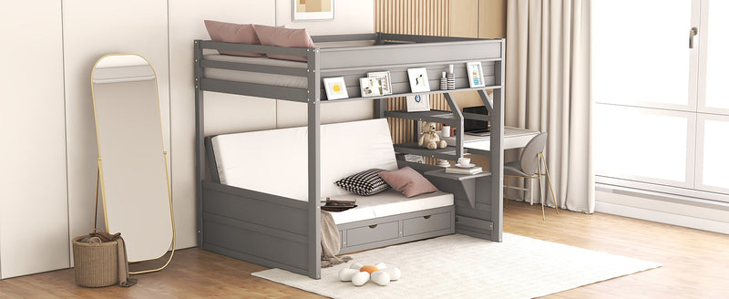 Wood Full Size Convertible Bunk Bed with Storage Staircase, Bedside Table, and 3 Drawers, Gray