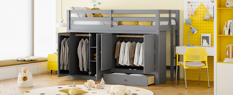 Twin size Loft Bed with Drawer, Two Wardrobes and Mirror, Gray