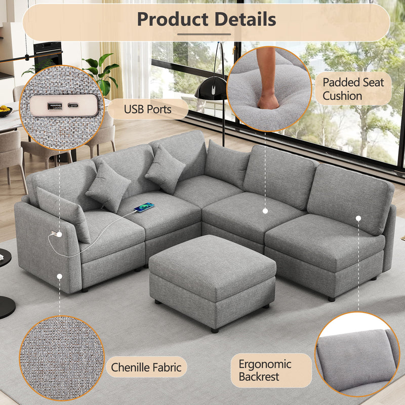 Sectional Sofa Modular Sofa U - Shaped Sofa Couch Sofa Bed L - Shaped Sofa With A Movable Ottoman And Two USB Ports For Living Room