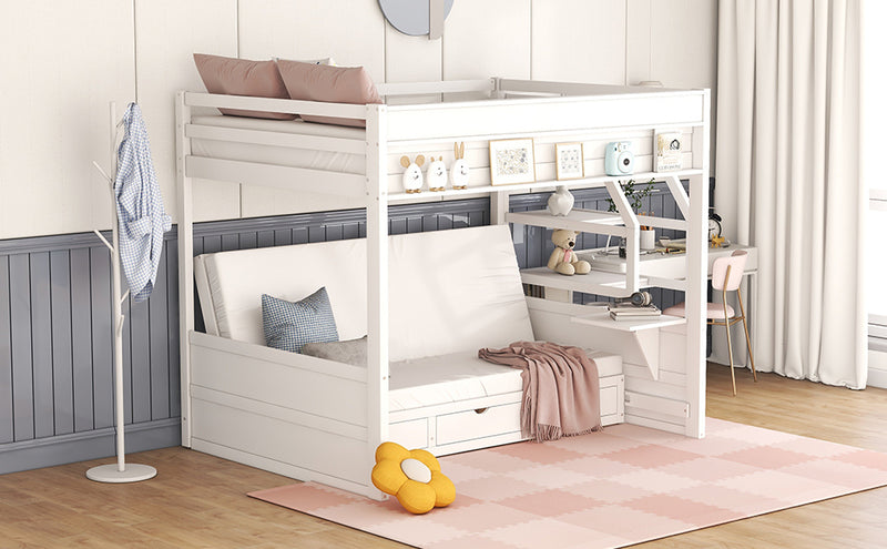 Wood Full Size Convertible Bunk Bed with Storage Staircase, Bedside Table, and 3 Drawers, White