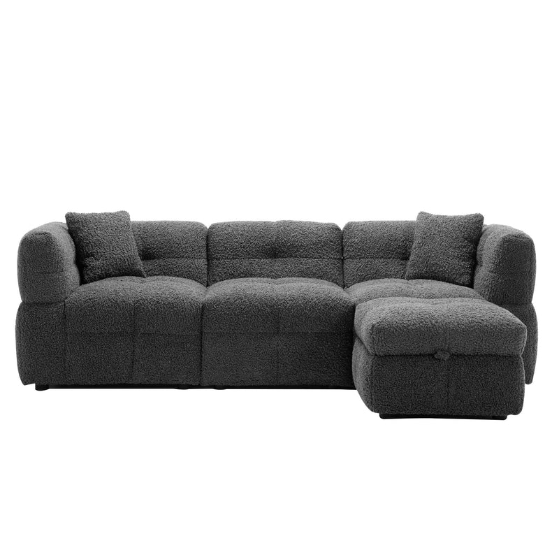 Sectional Sofa Cozy Teddy Fleece Sectional Sofa Couch With Two USB Ports A Movable Storage Ottoman And Two Lumbar Pillows For Living Room