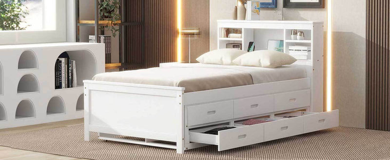 Twin Size Platform Bed with Storage Headboard, USB, Twin Size Trundle and 3 Drawers, White