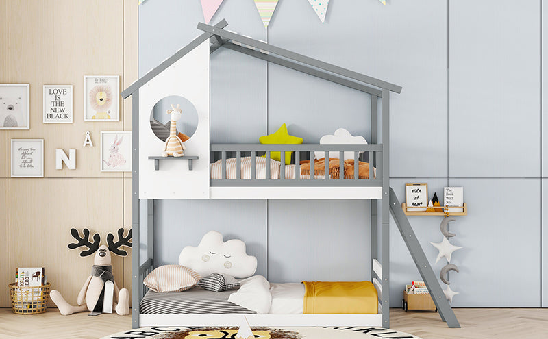 Twin Over Twin Bunk Bed Wood Bed with Roof, Window, Ladder,Gray(OLD SKU :LT100008AAE)