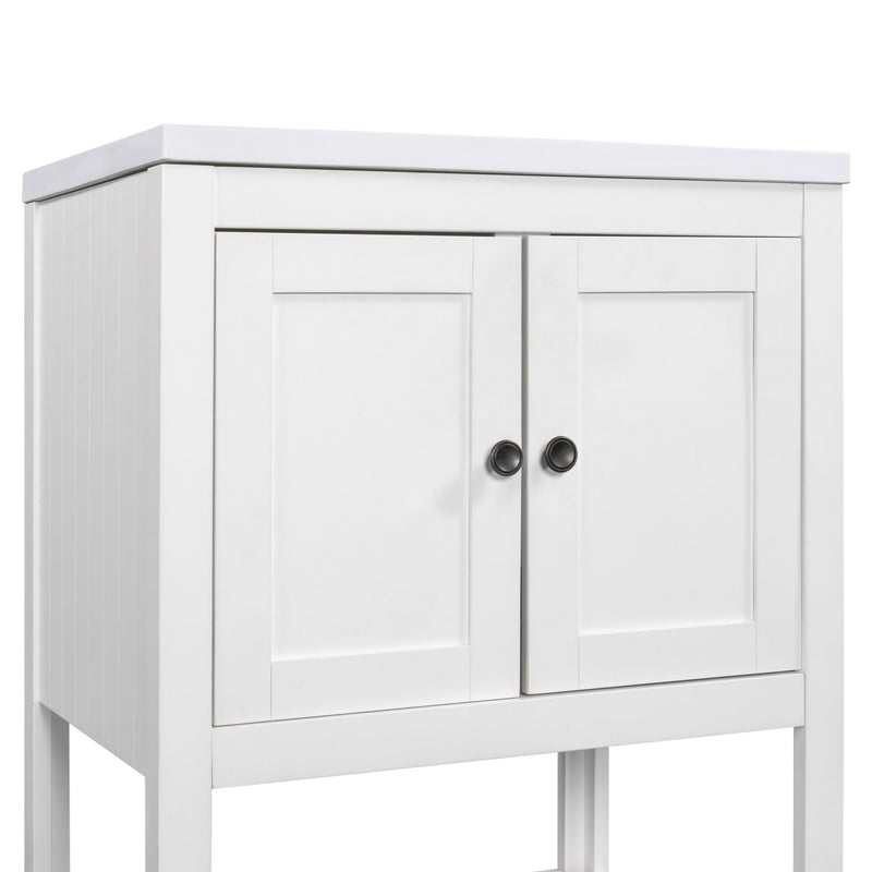 Modern Sleek Bathroom Vanity Elegant Ceramic Sink With Solid Wood Frame Open Style Shelf - White