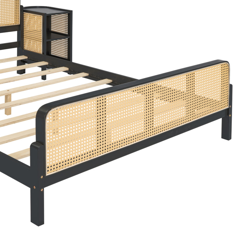 3 Pieces Rattan Platform Full Size Bed With 2 Nightstands,Espresso