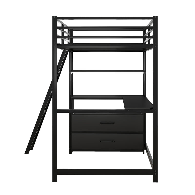 Twin Size Metal&Wood Loft Bed with Desk and Shelves, Two Built-in Drawers, Black