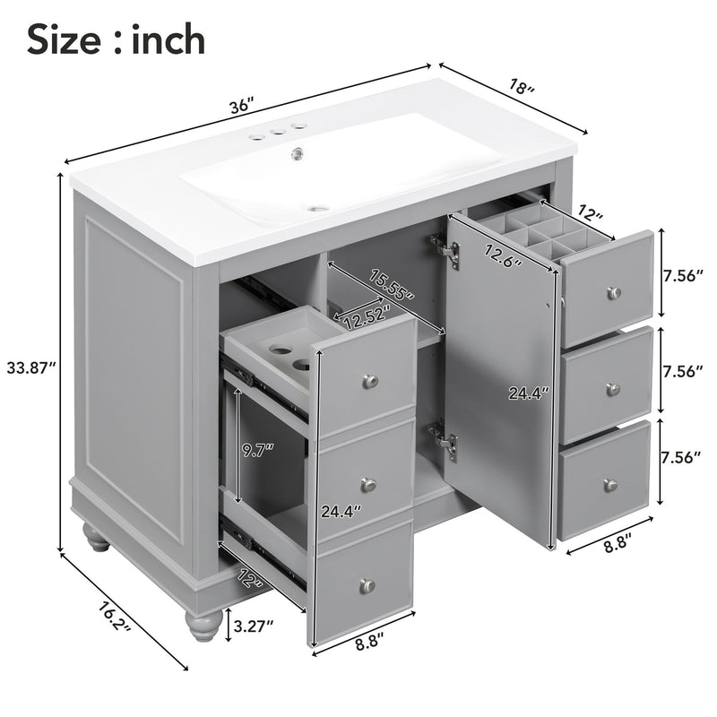 Contemporary Bathroom Vanity Cabinet, 4 Drawers & 1 Cabinet Door, Multipurpose Storage, Resin Integrated Sink, Adjustable Shelves, Solid Wood Frame With MDF