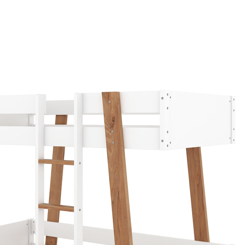 Wood Twin Size Bunk Bed with Built-in Ladder and 4 Wood Color Columns, White