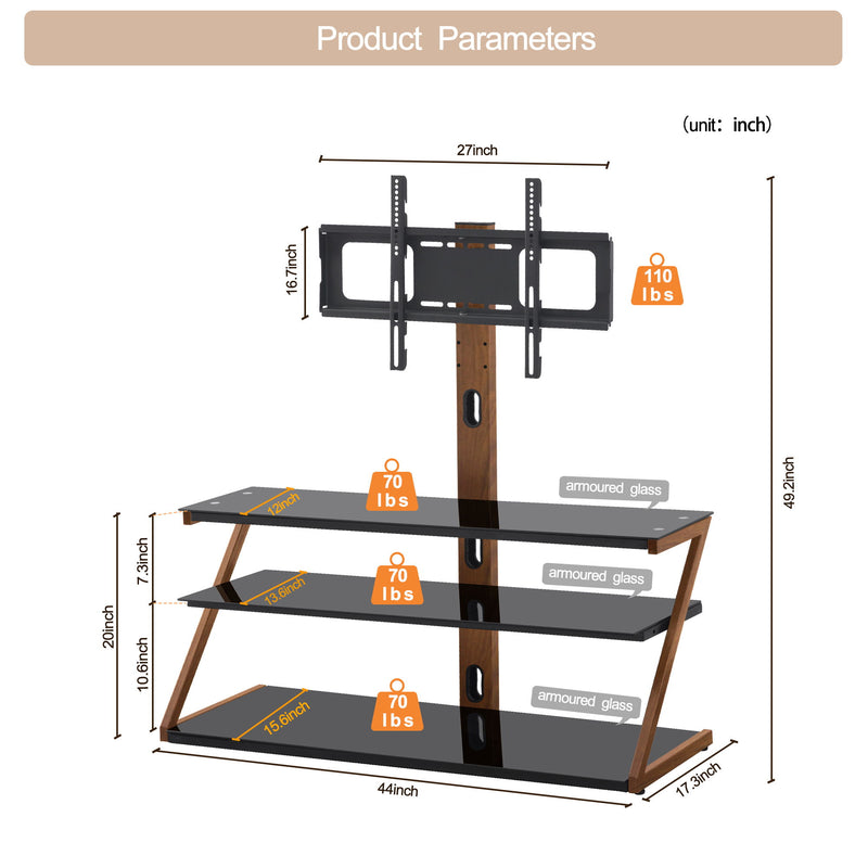 Tempered Glass Height Adjustable Universal Swivel Glass Floor Media Storage Stand With Mount Heat-Transferred Printing Metal Tube, Walnut / Black - Walnut / Black