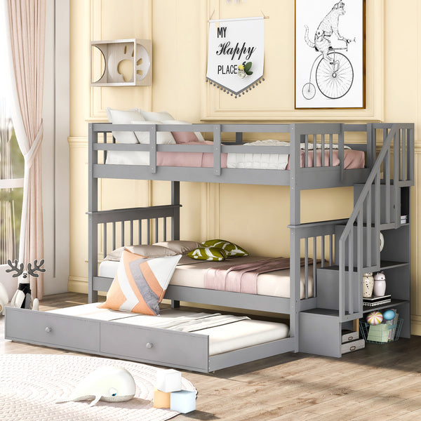 Stairway Twin-Over-Twin Bunk Bed with Twin size Trundle for Bedroom, Dorm, Adults, Gray( old sku: LP000209AAE )