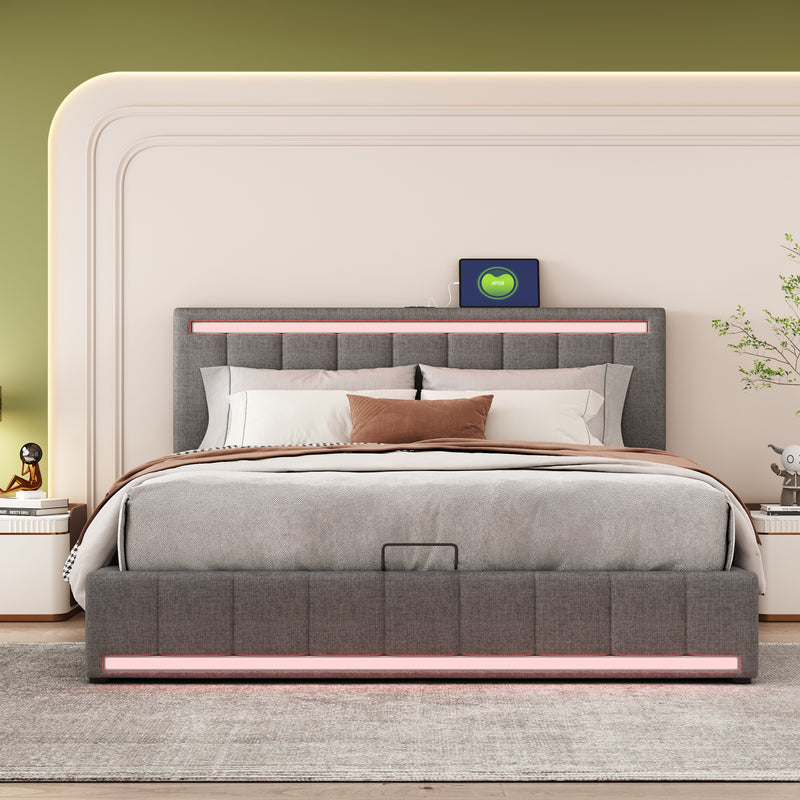 Queen Size Upholstered Platform Bed with Hydraulic Storage System, LED Light, and a set of USB Ports and Sockets, Linen Fabric, Gray