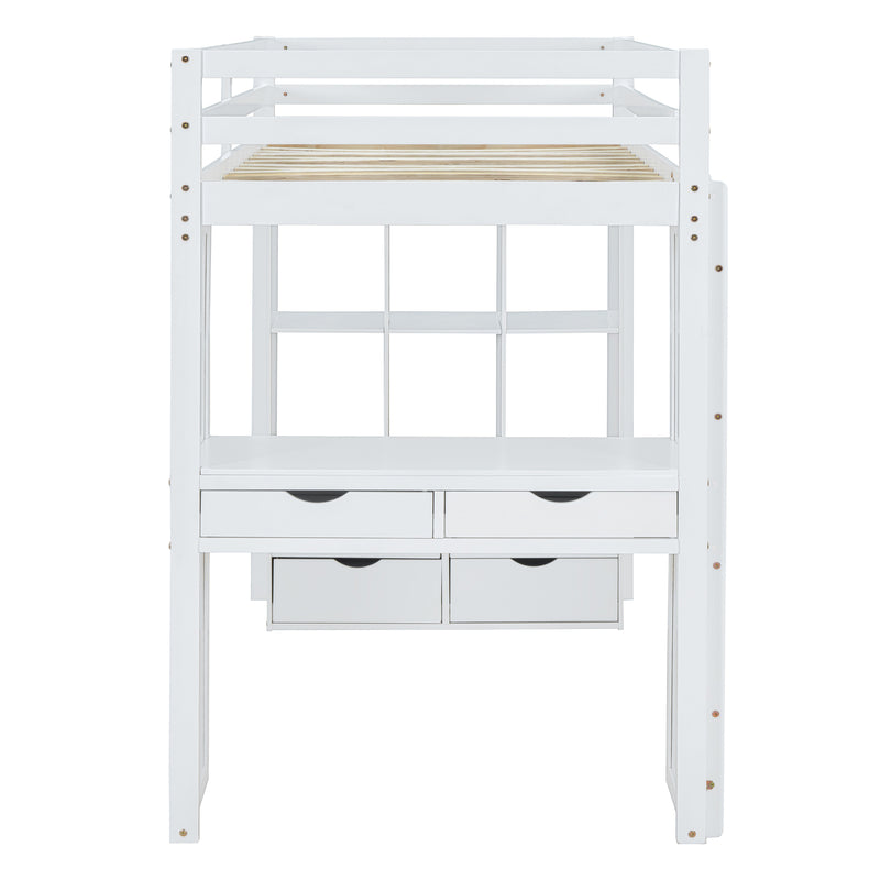 Twin Size Loft Bed with large shelves, writing desk and LED Light, White