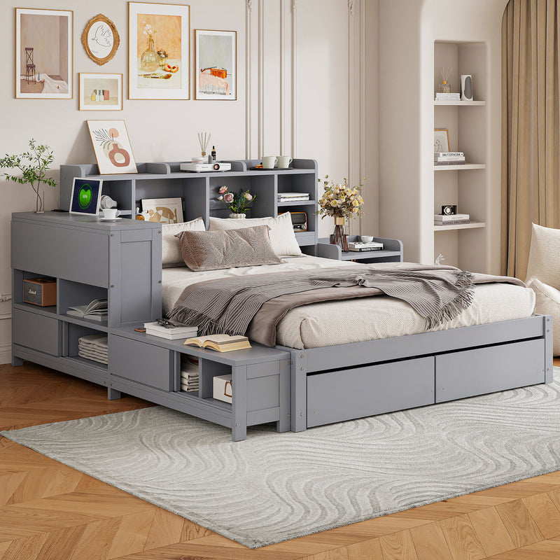 Platform Bed With Multi Functional Storage Space, Nightstand, 2 Drawers, USB Ports And Desk