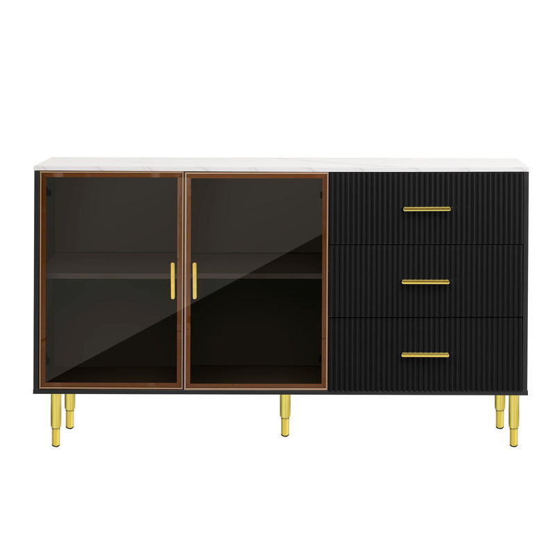 Modern Sideboard Buffet Cabinet Marble Sticker Tabletop And Amber-Yellow Tempered Glass Doors With Gold Metal Legs & Handles