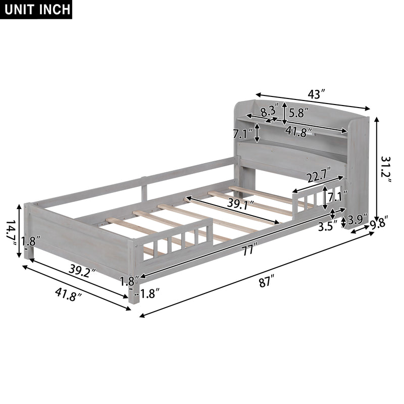 Wood Twin Size Platform Bed with Built-in LED Light, Storage Headboard and Guardrail, Antique Grey