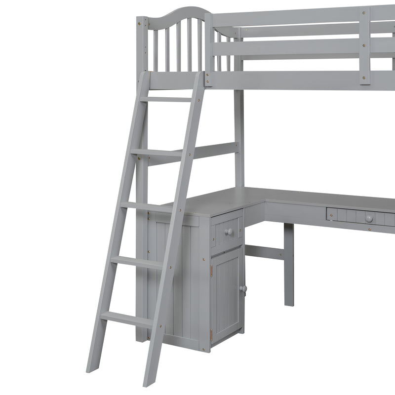 Twin size Loft Bed with Drawers, Cabinet, Shelves and Desk, Wooden Loft Bed with Desk - Gray(OLD SKU :LT000505AAE)