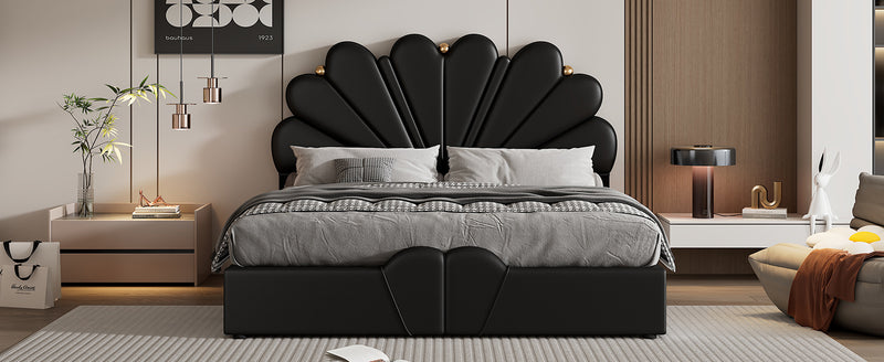 Queen Size Upholstered  Petal Shaped Platform Bed  with Hydraulic Storage System, PU Storage Bed, Decorated with metal balls, Black