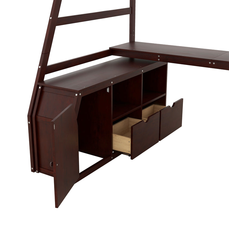 Twin Size Loft Bed with 7 Drawers 2 Shelves and Desk - Espresso