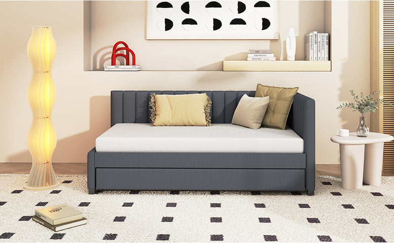 Upholstered Daybed with Trundle Twin Size Sofa Bed Frame No Box Spring Needed, Linen Fabric(Gray)