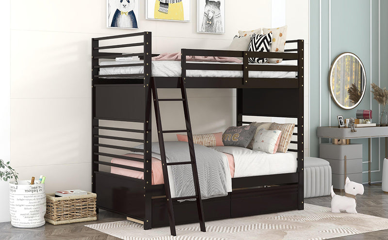 Twin over Twin Wood Bunk Bed with Two Drawers - Espresso