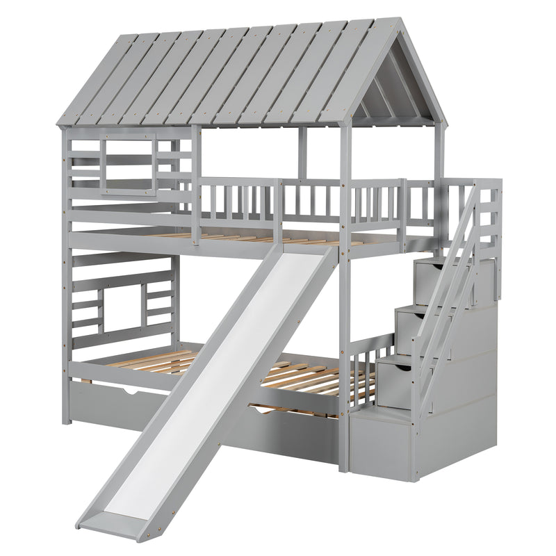 Twin over Twin House Bunk Bed with Trundle and Slide, Storage Staircase, Roof and Window Design, Gray(Old SKU: GX000931AAE)