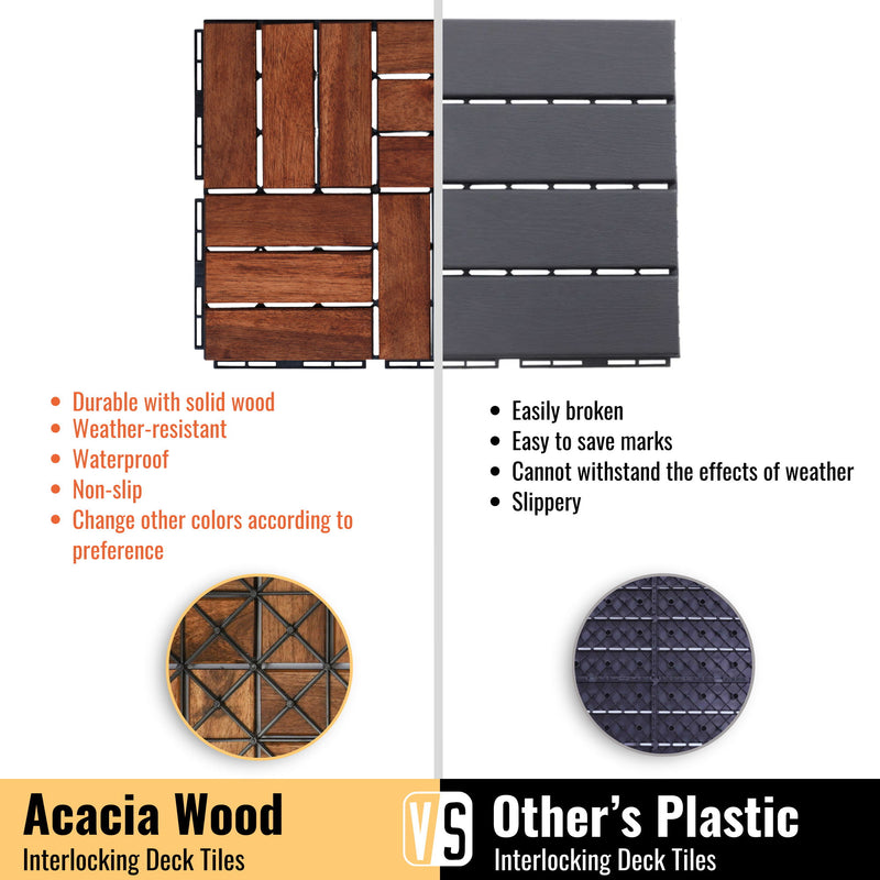 Interlocking Deck Tiles Checker Pattern, Square Acacia Hardwood Outdoor Flooring For Patio, Bancony, Pool Side