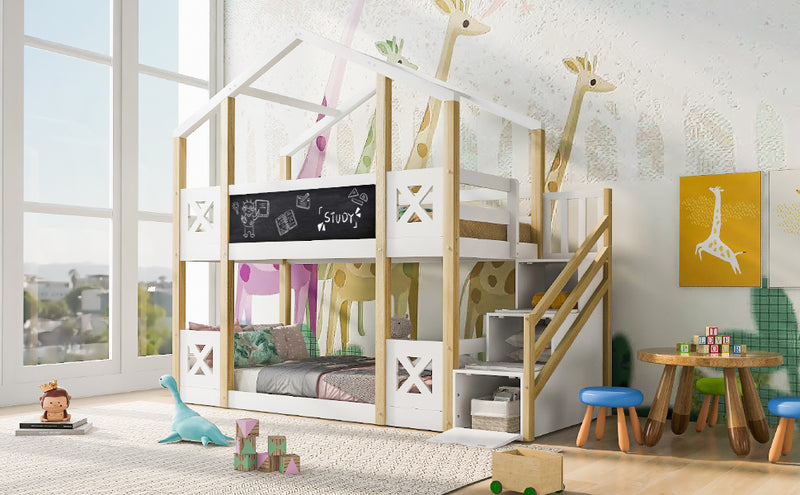 Twin over Twin House Bunk Bed with White Storage Staircase and Blackboards, White