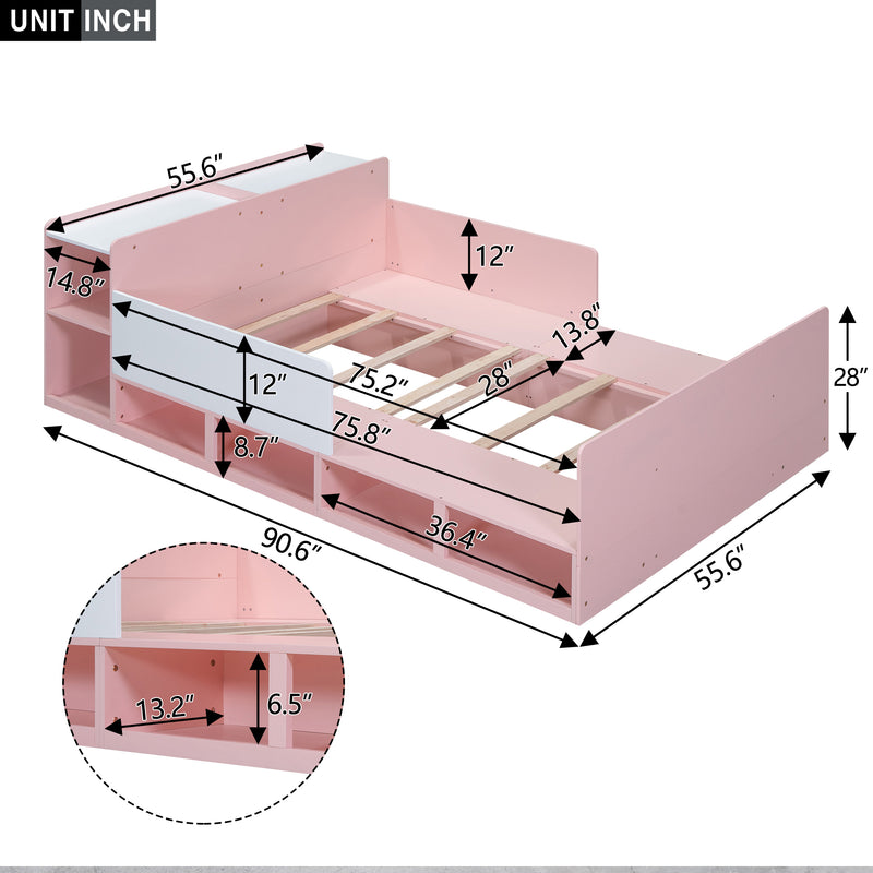 Wood Full Size Platform Bed with Storage Headboard, Guardrails and 4 Underneath Cabinets, Pink